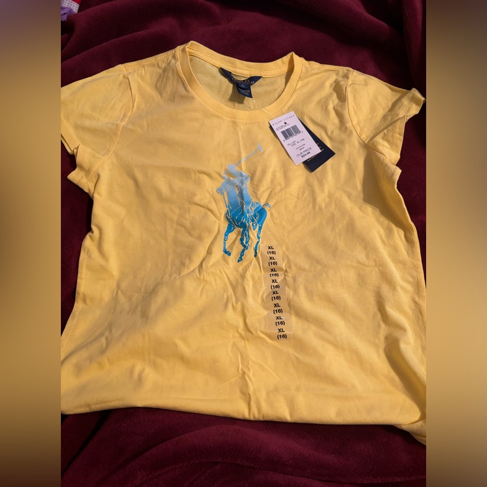 Ralph Lauren Polo T-Shirt - Yellow/Blue Logo and Size 16 or Juniors XL